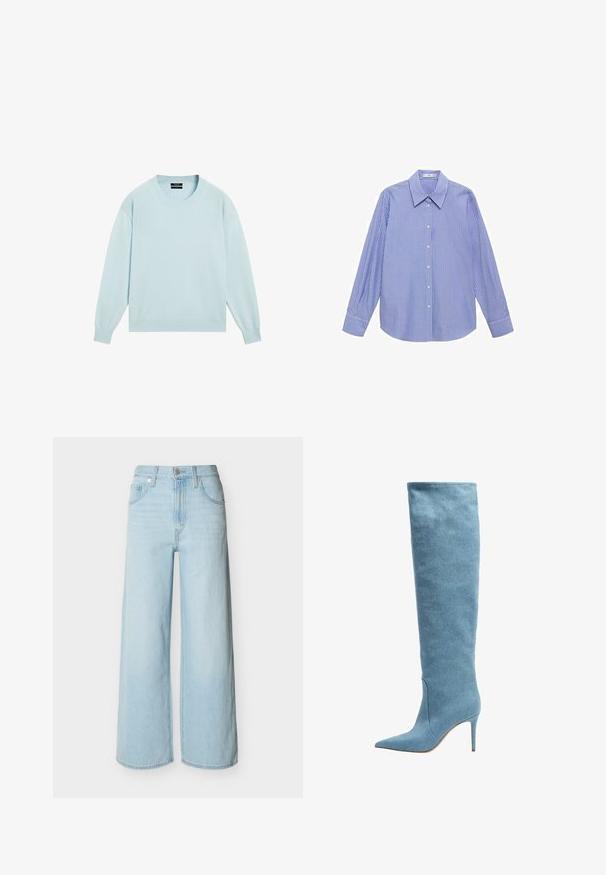 Lyseblå langærmet rundhalset sweater med ribstrikkede manchetter og kant, vist på en hvid baggrund.; Blå og hvid stribet skjorte med lange ærmer, klassisk krave, knaplukning og manchetter; lavet af letvægtsstof.; Lyseblå vidbenede jeans med forreste knap- og lynlås-lukning, bæltestropper og klassisk design med fem lommer.; Høje damesko i lyseblå denim med spids tå og slank høj hæl på en hvid baggrund.