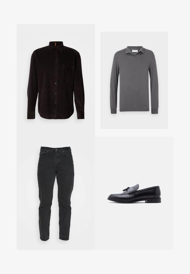 Grå langærmet poloshirt med lodret ribbet struktur, en hakket krave og knapfri slidse. Blødt stof med tætsiddende ærmer.; Mørkebrun corduroy skjorte med knaplukning fortil, spids krave, lange ærmer, enkelt brystlomme og struktureret ribbet mønster.; Sorte denimjeans med lige pasform, fem lommer, frontlukning med knap og kontrastsyninger. Glat tekstur med let slid synligt.; Sort læderloafer med tekstureret gråt stofpanel og kvastdetalje, lav hæl og rundet tå, vist fra siden mod en hvid baggrund.