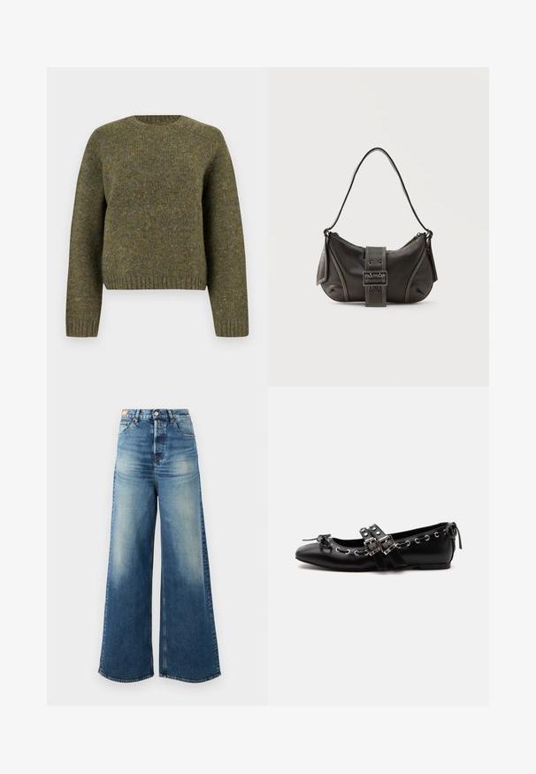 Grøn uldtrøje med rund hals, ribbede manchetter og kant, tekstureret stof og en let løs pasform.; Bredde ben blue denim jeans med en falmet finish, høj talje og klassisk fem-lomme design. Har kobber hardware og flossede kanter.; Sort flad balletsko med dobbelt spænde, sølvøjer og en lille sløjfe nær den runde tå på en hvid baggrund.; Sort læder skuldertaske med spænde på remmen, afrundede kanter og kontrasterende hvide syninger på en ensfarvet baggrund.
