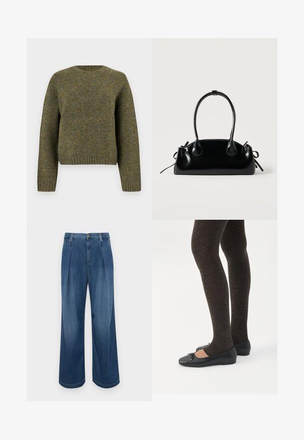 Grøn uldtrøje med rund hals, ribbede manchetter og kant, tekstureret stof og en let løs pasform.; Bredde denimbukser i mellemblå vask. Har en knaplukning, to for-pleats og kontrasterende syninger. Blød tekstur og glat finish.; Ben iført mørke ribbede leggings kombineret med sorte balletsko med små sløjfedetaljer på hvid baggrund.; Lille sort blank håndtaske med to lange håndtag og snøre-detaljer i siden på en ensfarvet lys baggrund.