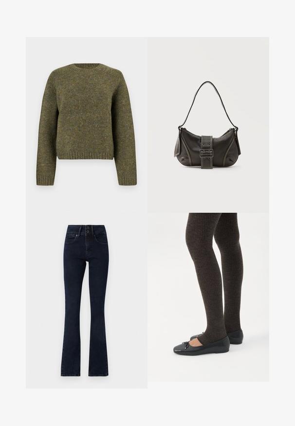 Pull en laine vert avec un col rond, des poignets et un ourlet côtelés, un tissu texturé et une coupe légèrement ample.; Jean évasé bleu foncé à taille haute, fermeture à deux boutons, cinq poches et texture denim lisse.; Jambes portant des leggings côtelés foncés associés à des ballerines noires avec de petits détails en nœud sur fond blanc.; Sac à épaule en cuir noir avec une sangle à boucle, des bords arrondis et des coutures blanches contrastées sur un fond uni.