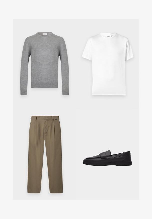 Pull à manches longues gris clair à col rond, fabriqué en tissu fin maille avec poignets et ourlet côtelés, présenté sur fond blanc uni.; T-shirt en coton blanc avec un col rond classique, des manches courtes et un ourlet droit. Texture lisse, sans motifs ni accents.; Pantalons kaki pour hommes à jambes droites avec passants pour ceinture, plis avant, et une fermeture dissimulée par boutons et zip.; Mocassin pour homme en cuir noir avec bout mocassin, détail de lanière sur le dessus et semelle en caoutchouc plate, présenté de profil sur fond blanc.