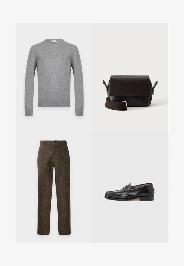 Pull à manches longues gris clair à col rond, fabriqué en tissu fin maille avec poignets et ourlet côtelés, présenté sur fond blanc uni.; Pantalons en velours côtelé marron avec des rayures verticales, une coupe droite et une fermeture à bouton à l'avant. Texture lisse avec un design classique.; Mocassins en cuir noir avec un design de style mocassin, présentant une bande décorative et un détail de couture sur le dessus. Talon bloc bas.; Sac bandoulière en cuir marron foncé avec fermeture à rabat et sangle en tissu réglable sur fond blanc.