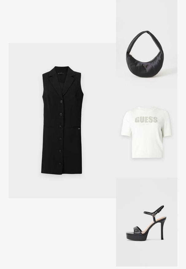 Biely sveter s krátkymi rukávmi z pleteného materiálu s logom "GUESS" v striebornej farbe a nápisom "EST. 1981" pod ním. Hladká textúra a priliehavý strih.; Čierne bezrukávové sakošaty s priliehavým strihom, so záložkami, šiestimi prednými gombíkmi a bočnými vreckami. Hladká tkanina s minimálnymi akcentmi.; Čierne platformové sandále s vysokým štíhlym podpätkom, vybavené hladkým koženým zvrškom, dizajnom s otvorenou špičkou a nastaviteľným členkovým remienkom s kovovými prvkami.; Čierna saténová kabelka s zakriveným tvarom, so zipsovým uzáverom a trojuholníkovým kovovým logom na prednej strane. Hladká textura a elegantný dizajn.