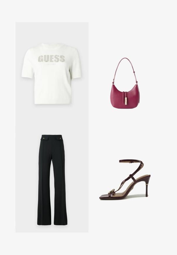 Pull blanc à manches courtes en matière tricotée avec le logo "GUESS" en argent et la mention "EST. 1981" en dessous. Texture lisse et coupe ajustée.; Pantalons évasés noirs taille haute avec des détails de couture à l'avant et deux poches à rabat à bouton doré à la taille.; Sandale à talon haut couleur bordeaux foncé avec bride à la cheville, bout carré et boucle décorative en or sur la bride avant.; Petit sac à main en cuir magenta courbé avec bandoulière réglable et fermeture à boucle dorée au centre avant.