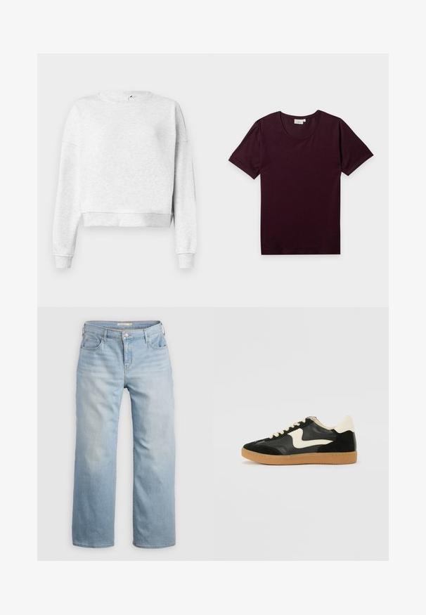 Grijze katoenen sweatshirt met een ronde halslijn, verlaagde schouders en geribbelde manchetten. Heeft een cropped zoom en een zachte, textuurstof.; Effen donkerbordeaux T-shirt met korte mouwen en ronde hals, plat neergelegd op een witte achtergrond. Geen zichtbare logo’s of patronen.; Lichtblauwe wijde jeans van denim. Heeft een hoge taille, vijf zakken en contrasterende stiksels. Gladde textuur met een vervaagde afwerking.; Zwarte suède en leren sneaker met een crèmekleurige zij-swoosh en lichte crèmekleurige hiel. Voorzien van beige veters en een gumrubberen zool.