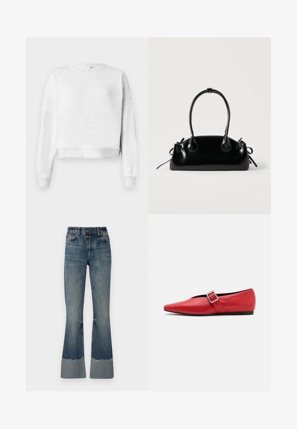 Grijze katoenen sweatshirt met een ronde halslijn, verlaagde schouders en geribbelde manchetten. Heeft een cropped zoom en een zachte, textuurstof.; Denim flared jeans in medium blauw met een hoge taille, vijf knopen en een geschuurd zoom. Beschikt over een lichtere boorden aan de onderkant en een vervaagde textuur.; Rode leren platte schoen met een spitse neus, voorzien van een zijkant band met een metalen gesp en een lage zwarte hak. Gladde textuur overal.; Kleine zwarte glanzende handtas met twee lange hengsels en zijkant trekkoord details op een effen lichte achtergrond.
