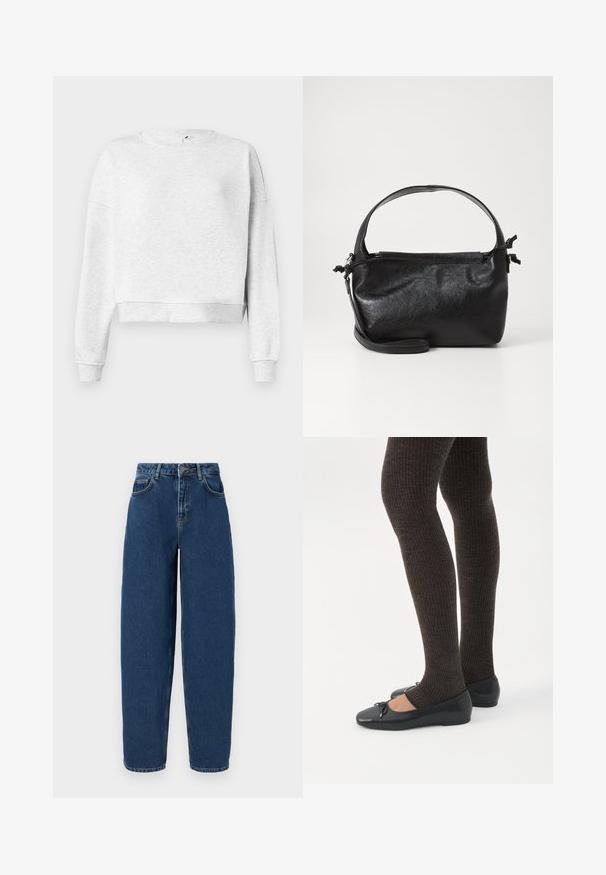 Grå bomulds sweatshirts med rund halsudskæring, dropped skuldre og ribbetræk. Har en cropped kant og blødt, tekstureret stof.; Mørkeblå denim jeans med høj talje, bred benpasform, fem-lomme design og kontrasterende syninger. Klassisk lynlås og knaplukning.; Ben iført mørke ribbede leggings kombineret med sorte balletsko med små sløjfedetaljer på hvid baggrund.; Sort læderhåndtaske med et struktureret design, rund tophåndtag og aftagelig skulderrem. Den har en glat tekstur og en subtil glans.