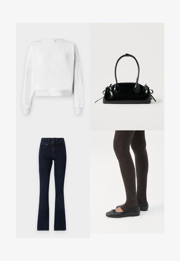 Sweatshirt en coton gris avec un col rond, des épaules descendues et des poignets côtelés. Présente un ourlet court et un tissu doux et texturé.; Jean évasé bleu foncé à taille haute, fermeture à deux boutons, cinq poches et texture denim lisse.; Jambes portant des leggings côtelés foncés associés à des ballerines noires avec de petits détails en nœud sur fond blanc.; Petit sac à main noir brillant avec deux longues anses et des détails à cordon sur les côtés sur un fond clair uni.