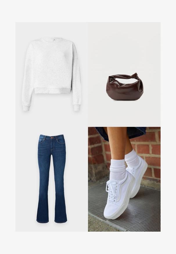 Grauer Baumwoll-Sweatshirt mit Rundhalsausschnitt, überschnittenen Schultern und gerippten Bündchen. Mit einem verkürzten Saum und weichem, strukturiertem Material.; Ausgestellte blaue Denim-Jeans mit mittelhohem Bund, ausgestattet mit Vorder- und Hintertaschen, orangefarbener Naht und Knopfverschluss.; Weiße Leinensneaker mit Gummisohlen, ausgestattet mit sechs Ösen, runder Zehenpartie und dezenten Nähten, kombiniert mit weißen Knöchelsocken.; Dunkelbraune Lederschultertasche mit weicher, lockerer Form und einem gedrehten Knotengriff vor schlichtem weißem Hintergrund.