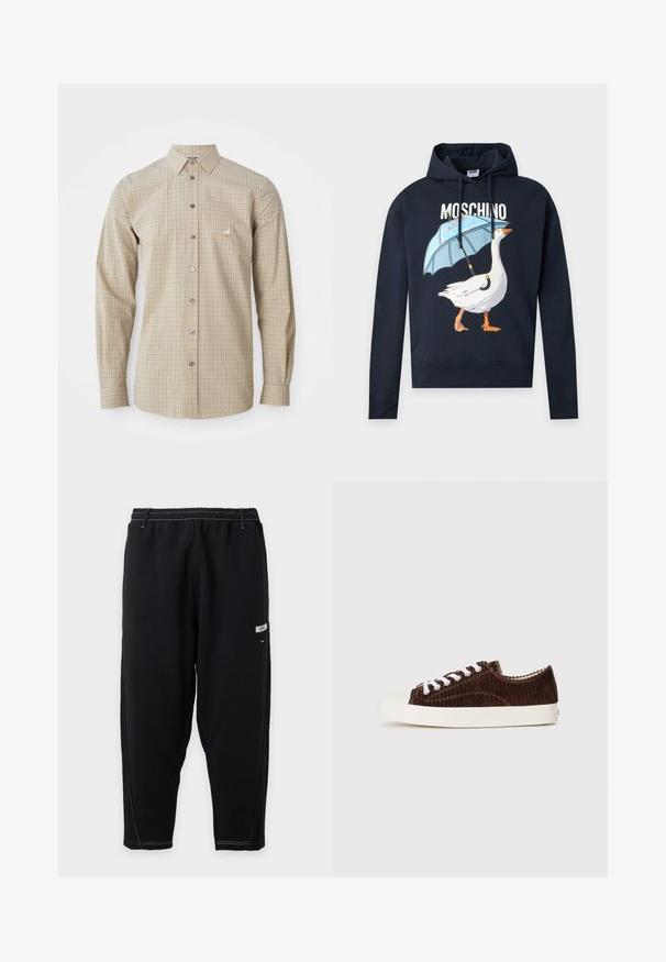 Sort Moschino-hoodie med en grafik af en hvid gås, der holder en blå paraply, og brandnavnet ovenover i hvide bogstaver.; Langærmet skjorte i beige og lyseblå plaid. Har en klassisk krave, frontknapper og et broderet fuglelogo på brystet.; Sorte tilspidsede sweatpants med elastisk talje, hvid kontrastsyning og lille hvid "Moschino"-logo på øvre lår.; Brune corduroy lav-top sneakers med hvide snørrebånd og en hvid gummisål, vist fra siden på en lys grå baggrund.