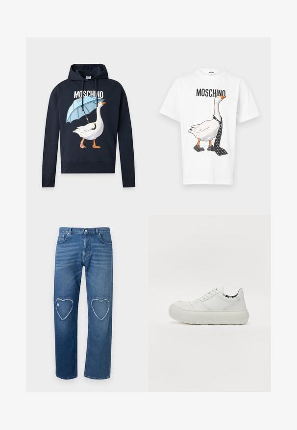 Μαύρο hoodie Moschino με γραφικό άσπρης χήνας που κρατά μπλε ομπρέλα και το όνομα της μάρκας από πάνω με λευκά γράμματα.; Λευκό βαμβακερό T-shirt με μια καρτούν πάπια που φοράει γραβάτα πουά και μαύρα παπούτσια. Πάνω από την εικονογράφηση είναι τυπωμένο το "MOSCHINO".; Μπλε τζιν παντελόνι με ψηλή μέση, ίσια πόδια και ξεφτισμένες καρδιές σε σχήμα κοψίματος στα δύο γόνατα.; Λευκό δερμάτινο αθλητικό παπούτσι με στρογγυλή μύτη, ραμμένες λεπτομέρειες και παχιά καουτσούκ σόλα. Μινιμαλιστικός σχεδιασμός με λεία υφή.