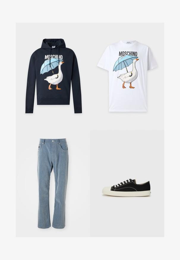 Schwarzer Moschino-Hoodie mit einem Motiv einer weißen Gans, die einen blauen Regenschirm hält, und dem Markennamen darüber in weißen Buchstaben.; Weißes T-Shirt mit dem Text "Moschino" über einer Grafik einer weißen Gans, die einen blauen Regenschirm über ihrem Rücken hält.; Hellblaue Cordhosen mit Knopf- und Reißverschluss, Fronttaschen und geradem Bein auf weißem Hintergrund.; Schwarze Leinensneaker mit weißen Nähten, einer abgerundeten Gummikappe und weißen Schnürsenkeln. Verfügt über ein strukturiertes Obermaterial aus Stoff und eine beigefarbene Sohle.