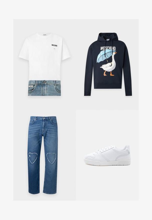 Μαύρο hoodie Moschino με γραφικό άσπρης χήνας που κρατά μπλε ομπρέλα και το όνομα της μάρκας από πάνω με λευκά γράμματα.; Λευκό T-shirt με τύπωμα από τζιν στο κάτω μέρος, με τσέπες και ραφές. Το λογότυπο "Moschino" τυπωμένο στο άνω αριστερό μέρος.; Μπλε τζιν παντελόνι με ψηλή μέση, ίσια πόδια και ξεφτισμένες καρδιές σε σχήμα κοψίματος στα δύο γόνατα.; Λευκό sneaker χαμηλής κοπής με σχέδιο κορδονιών, λείο συνθετικό επάνω μέρος και μοτίβο από καουτσούκ στη σόλα, σε απλό φωτεινό φόντο.