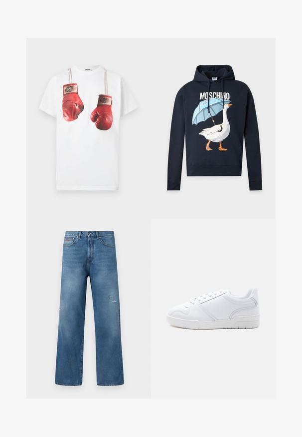 Μαύρο hoodie Moschino με γραφικό άσπρης χήνας που κρατά μπλε ομπρέλα και το όνομα της μάρκας από πάνω με λευκά γράμματα.; Άσπρο βαμβακερό μπλουζάκι με γραφικό σχέδιο κόκκινων γαντιών πυγμαχίας, διακοσμημένο με μπεζ λουριά και το όνομα της μάρκας «Moschino» στα γάντια.; Μπλε τζιν παντελόνια με ίσια εφαρμογή στα πόδια, ελαφριά φθορά στο δεξί μηρό, στυλ με πέντε τσέπες και ζώνη μέσης με κουμπί.; Λευκό sneaker χαμηλής κοπής με σχέδιο κορδονιών, λείο συνθετικό επάνω μέρος και μοτίβο από καουτσούκ στη σόλα, σε απλό φωτεινό φόντο.
