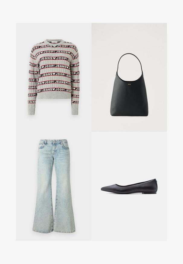 Grauer Strickpullover mit einem Muster aus abwechselnden "JOOP! JEANS"-Schriftzügen in schwarzen und roten Streifen, mit einem gerippten Rundhalsausschnitt und Bündchen.; Hellblaue Schlagjeans aus Denim, mit hoher Taille, Taschen und ausgefransten Säumen. Der Stoff hat eine verblasste Waschung und eine subtile Textur.; Schwarzer flacher Lederschuh mit spitzer Kappe und niedrigem Absatz, seitlich vor weißem Hintergrund gezeigt.; Schwarze Lederhandtasche mit einem einzelnen, geschwungenen Griff, glatter Textur und einem dezenten Logo vorne. Minimalistisches Design und ein geräumiges Inneres.