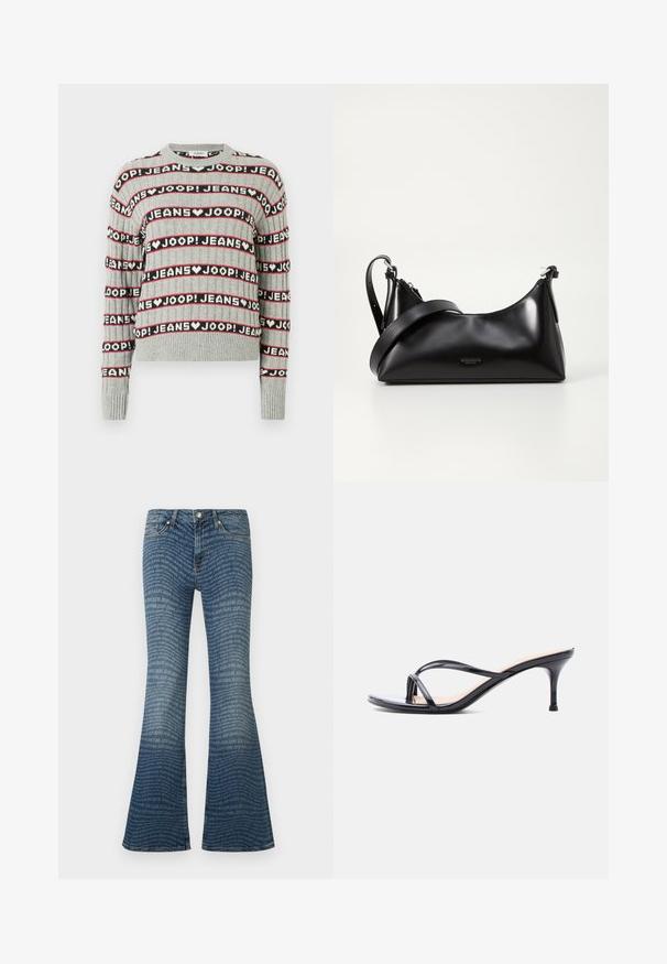 Grå strikket sweater med et mønster af vekslende "JOOP! JEANS"-tekst i sorte og røde striber, med ribstrikket rund halsudskæring og ærmekanter.; Blå vidde jeans med gentaget "JOOP! JEANS" logo mønster over det hele og klassisk fem-lomme design.; Sort laklædersandal med hæl, tynde krydsede remme og en slank mellemhøj stilethæl på en hvid baggrund.; Sort læderhåndtaske med en glat tekstur. Har en justerbar stropp og et enkelt, minimalistisk design med lynlås.
