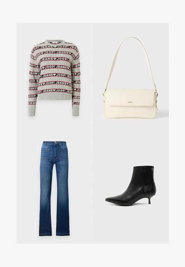 Grå strikket sweater med et mønster af vekslende "JOOP! JEANS"-tekst i sorte og røde striber, med ribstrikket rund halsudskæring og ærmekanter.; Blå denim flared jeans med fem lomme-design, knaplukning og synlige sømme langs sømmene, med en let falmet finish.; Sort læder ankelstøvle med spids tå og lav kitten hæl på lys baggrund, der viser yderside.; Cremefarvet læder skuldertaske med flaplukning, sølvfarvet beslag, en enkelt justerbar rem og diskrete logodetaljer.