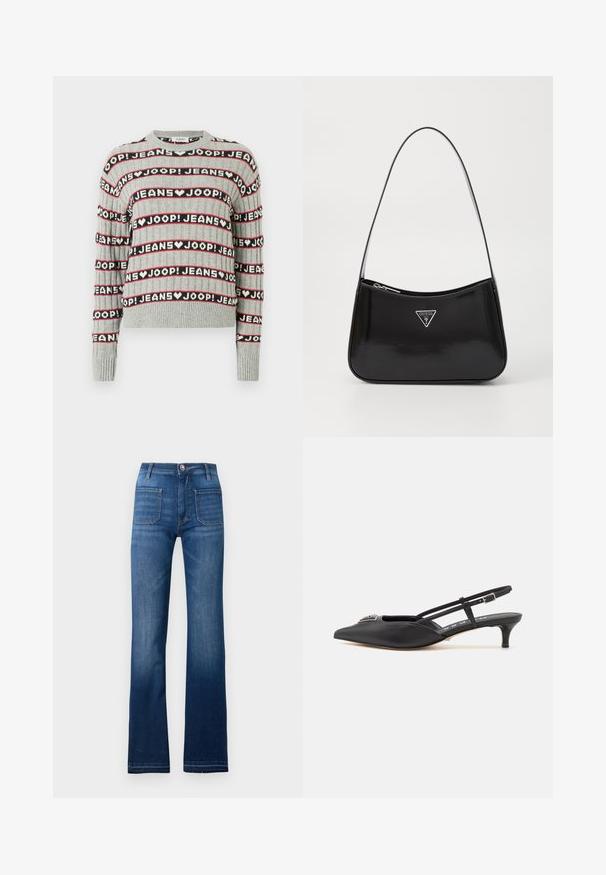 Grå strikket sweater med et mønster af vekslende "JOOP! JEANS"-tekst i sorte og røde striber, med ribstrikket rund halsudskæring og ærmekanter.; Blå denim flared jeans med fem lomme-design, knaplukning og synlige sømme langs sømmene, med en let falmet finish.; Sorte slingback-sko med spids tå, lavet af glat materiale, med en lille hæl og en dekorativ sølvaccent på vamps.; Sort patenteret læder skuldertaske med en buet form, prydet med et sølvfarvet trekantet logo og en lynlås-lukning. Glat tekstur og slank rem.