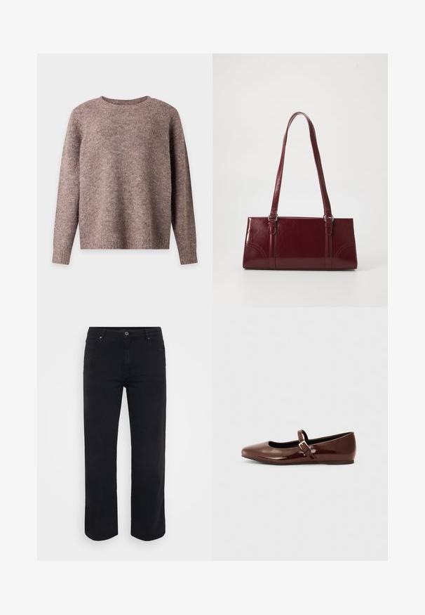 Langærmet rundhalset sweater i blødt, tekstureret brunt strikstof med ribkant ved ærmer og nederst på en ensfarvet baggrund.; Sorte denimjeans med lige ben-design. Funktioner inkluderer en knaplukning i taljen, bæltestropper og front-/baglommer. Glat tekstur.; Brun patentlæder balletflade med firkantet tå og strop med en lille guldbuckle. Glat tekstur, lav hæl og minimalistisk design.; Bordeaux håndtaske lavet af glansfuldt materiale, rektangulær form, med to skulderremme og subtile buede detaljer på forsiden.