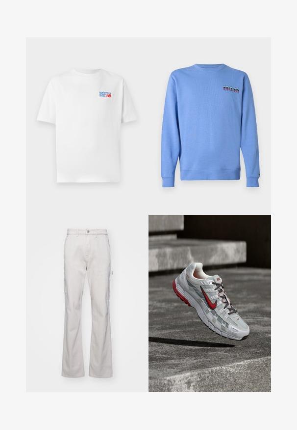 Hellblaues Sweatshirt aus Baumwolle mit Rundhalsausschnitt und gerippten Bündchen. Enthält ein buntes Logo mit "1985" auf der oberen linken Seite.; Weißes Baumwoll-T-Shirt mit kurzen Ärmeln, ausgestattet mit einem blauen und roten Logo auf der linken Brustseite. Klassischer Rundhalsausschnitt, lockere Passform, glatte Textur.; Helle graue Cargo-Hosen mit geradem Bein-Design, ausgestattet mit Seitentaschen und einem Knopfverschluss. Hergestellt aus robustem, strukturiertem Stoff.; Weißer und grauer Nike-Laufschuh mit roten Akzenten und schwarzen Schnürsenkeln, schwebend über grauen Betonstufen.