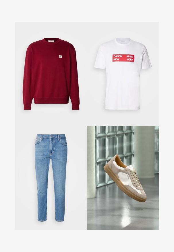 Sudadera roja hecha de tela suave, con cuello redondo, mangas largas y un pequeño logo bordado en la parte superior izquierda del pecho.; Camiseta de algodón blanca con un audaz texto gráfico rectangular rojo: "CALVIN NEW KLEIN YORK." Con mangas cortas y un diseño de cuello redondo.; Vaqueros de mezclilla azul claro con corte recto, diseño de cinco bolsillos y un sutil desgastado. Presentan un cierre de botón y pasadores para cinturón.; Zapatilla beige y blanca con suela marrón claro y logo "BOSS", suspendida sobre un suelo liso y reflectante con pared de bloques de vidrio al fondo.