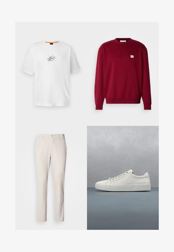 Rød sweatshirt lavet af blødt stof, med rund hals, lange ærmer og et lille broderet logo på den øverste venstre bryst.; Hvid bomulds t-shirt med rund halsudskæring, prydet med et sort revnet design og ordet "BOSS" i midten. Korte ærmer.; Beige bukser med slim fit, der har en frontknaplukning, flad frontdesign og lige ben, lavet af glat bomuldsblandingsstof.; Hvid lædersneaker med rund tå, minimalistisk design, grå snørebånd og en tekstureret grå gummisål. Subtile syningsdetaljer er synlige.