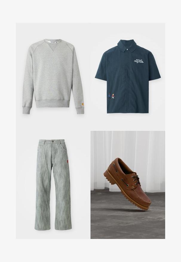 Lysegrå crewneck sweatshir t med lange ærmer, ribbede manchetter og kant, samt lille logo patch på venstre ærmekant.; Kortærmet mørkeblå skjorte lavet af bomuldsstof med knap- ned krave. Har hvidt broderet tekst og farverigt pixeliseret par design.; Lys grå lige ben jeans med for- og baglommer, knaplukning og et lille rødt stofmærke på højre side.; Brun læder bådsko med sorte snørebånd, beige syninger og en robust sål, hængende over en grå betongulv.