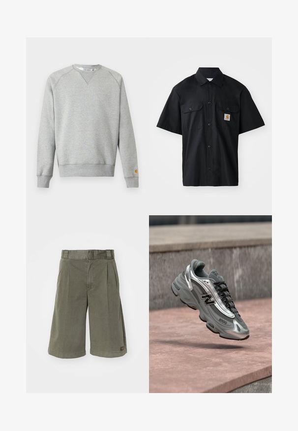 Hellgraues Sweatshirt mit Rundhalsausschnitt, langen Ärmeln, gerippten Bündchen und Saum sowie kleinem Logo-Patch am linken Ärmelbündchen.; Schwarzes Kurzarmhemd aus gewebtem Stoff, mit einer knöpfbaren Vorderseite, zwei Brusttaschen und einem kleinen orangen Logo-Patch.; Olivgrüne Shorts aus Baumwollmischgewebe. Mit Falten und geradem Schnitt, sowie einem kleinen Markenetikett an der Seite.; Grauer und silberner New Balance Sneaker mit der Aufschrift "1000", der über einer rosa-steinernen Oberfläche vor einem grauen Steinmauer-Hintergrund schwebt.
