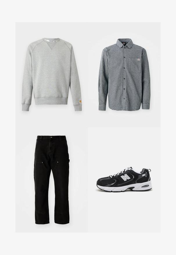 Lichtgrijze crewneck sweater met lange mouwen, geribde manchetten en zoom, en een klein logoplaatje op de linkermouwmanchet.; Zwart-wit geblokte blouse met lange mouwen, kraag, en een klein logo-patch op de linker borstzak.; Zwarte denim cargobroek met een relaxed fit, voorzien van twee zijzakken, steekzakken en zichtbare stiksels.; Zwarte en grijze sport schoenen met een bovenwerk van mesh en suede, voorzien van een witte tussenzool, veters en een gedurfde "N"-logo aan de zijkant.