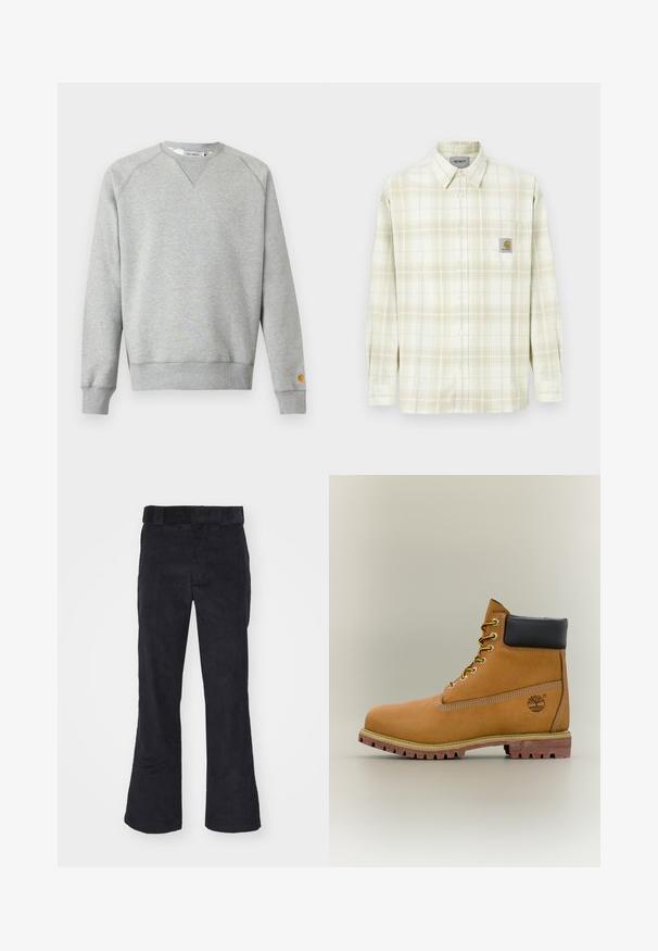 Sweat-shirt gris clair à col rond, manches longues, poignets et ourlet côtelés, avec une petite étiquette logo sur le poignet de la manche gauche.; Chemise à carreaux de couleur claire avec des manches longues, un devant à boutons et une poche poitrine avec un patch logo. Matière en coton au toucher doux.; Pantalons en velours côtelé noir à coupe décontractée, dotés d'une taille classique et de jambes évasées, avec une texture douce et sans motifs ni accents visibles.; Bottine en cuir marron avec col noir, lacets jaunes et semelle beige. Présente un logo et des détails de couture blanche. Semelle extérieure à traction robuste.
