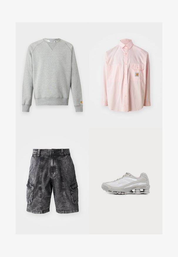 Sudadera gris claro con cuello redondo, mangas largas, puños y dobladillo acanalados, y pequeño parche con logo en el puño de la manga izquierda.; Camisa de botones rosa claro con dos bolsillos en el pecho y una etiqueta de logo. Hecha de algodón, con cuello clásico y mangas largas.; Pantalones cortos cargo de mezclilla negra con textura desgastada, dos bolsillos laterales y cierre de botón. Hasta la rodilla con costuras reforzadas.; Zapatilla deportiva gris y blanca con suela visible de amortiguación de aire y paneles de malla, mostrada de perfil sobre un fondo claro y sencillo.