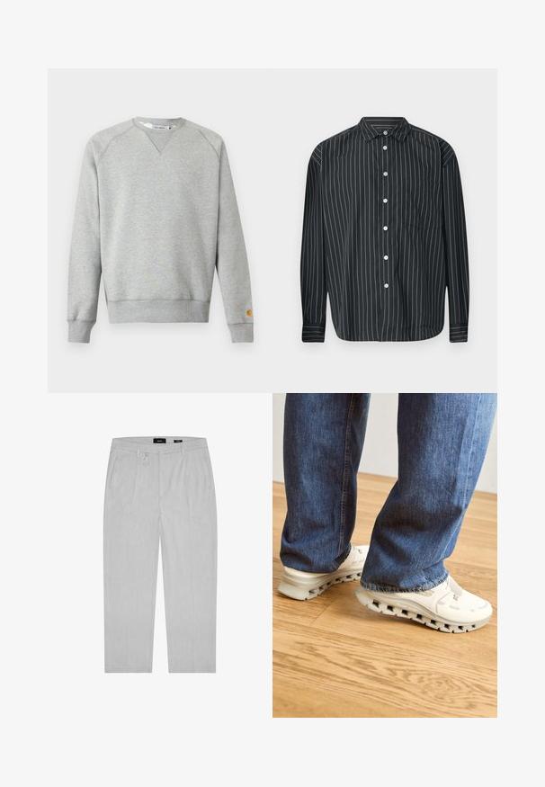 Sudadera gris claro con cuello redondo, mangas largas, puños y dobladillo acanalados, y pequeño parche con logo en el puño de la manga izquierda.; Camisa negra de manga larga con botones, con finas rayas verticales blancas, un bolsillo en el pecho, tela suave y diseño de cuello clásico.; Pantalones gris claro con una textura sutil, con pliegues frontales, bolsillos laterales y un lazo para cinturón. Diseño de pierna recta, estilo minimalista.; Zapatillas blancas con un upper texturizado, que presentan una suela gruesa con cortes. Llevadas con jeans de mezclilla azul, de pie sobre un suelo de madera.