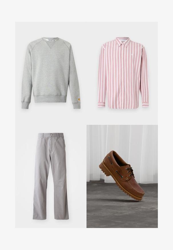Lysegrå crewneck sweatshir t med lange ærmer, ribbede manchetter og kant, samt lille logo patch på venstre ærmekant.; Stribet skjorte med knapper i pink og hvid. Har krave, lange ærmer og et lille logo. Fremstillet af vævet stof.; Grå bomuldsbukser med lige ben-design, der har en frontknaplukning og bæltestropper. Glat tekstur og minimal detaljer.; Brun læder bådsko med sorte snørebånd, beige syninger og en robust sål, hængende over en grå betongulv.