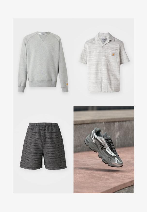 Sweat-shirt gris clair à col rond, manches longues, poignets et ourlet côtelés, avec une petite étiquette logo sur le poignet de la manche gauche.; Chemise à manches courtes de couleur gris clair avec des rayures verticales, boutonnée à l'avant, et une poche poitrine arborant un petit logo orange. Tissu en mélange de coton.; Shorts gris avec une taille élastique, fabriqués dans un tissu texturé avec des rayures horizontales. Longueur mi-cuisse et coupe décontractée.; Baskets New Balance grises et argentées marquées "1000", flottant au-dessus d'une surface en pierre rosée avec un mur en pierre grise en arrière-plan.