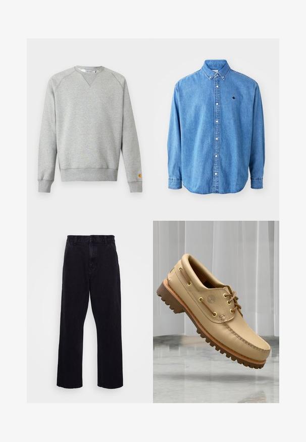 Lysegrå crewneck sweatshir t med lange ærmer, ribbede manchetter og kant, samt lille logo patch på venstre ærmekant.; Denim button-down skjorte, lyseblå i farven, med krave, lange ærmer og et lille logo på brystet. Har hvide knapper og syninger.; Sorte denimbukser med lige ben, der har en knap- og lynlåslukning, bæltestropper og minimale syninger.; Lysbrune læderbådsko med tyk, rillet sål og snøre detaljer, svævende over et marmor gulv med baggrund af hvide lodrette persienner.