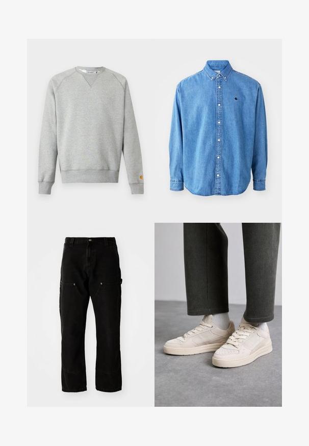 Lysegrå crewneck sweatshir t med lange ærmer, ribbede manchetter og kant, samt lille logo patch på venstre ærmekant.; Denim button-down skjorte, lyseblå i farven, med krave, lange ærmer og et lille logo på brystet. Har hvide knapper og syninger.; Sorte denim cargo bukser med en afslappet pasform, der har to frontlommer, sidelommer og synlige sømdetaljer.; Beige sneakers lavet af ruskind og mesh, med perforerede detaljer, flade snørebånd og en tykk sål. Båret med grønne fløjlbukser.