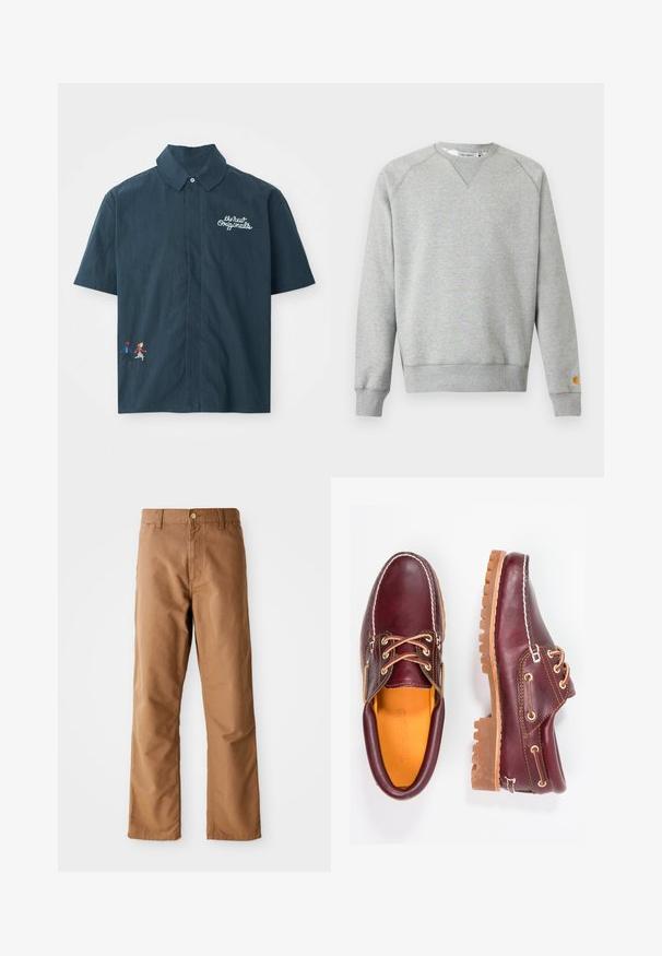 Lysegrå crewneck sweatshir t med lange ærmer, ribbede manchetter og kant, samt lille logo patch på venstre ærmekant.; Kortærmet mørkeblå skjorte lavet af bomuldsstof med knap- ned krave. Har hvidt broderet tekst og farverigt pixeliseret par design.; Brune lige ben bukser med bæltestropper, forlommer, knaplukning og lynlåsgylp på hvid baggrund.; Bordeaux lædersko med brune gummisåler, rund tå, hvid syning og gyldne snøringer. Indersiden har et gult for.