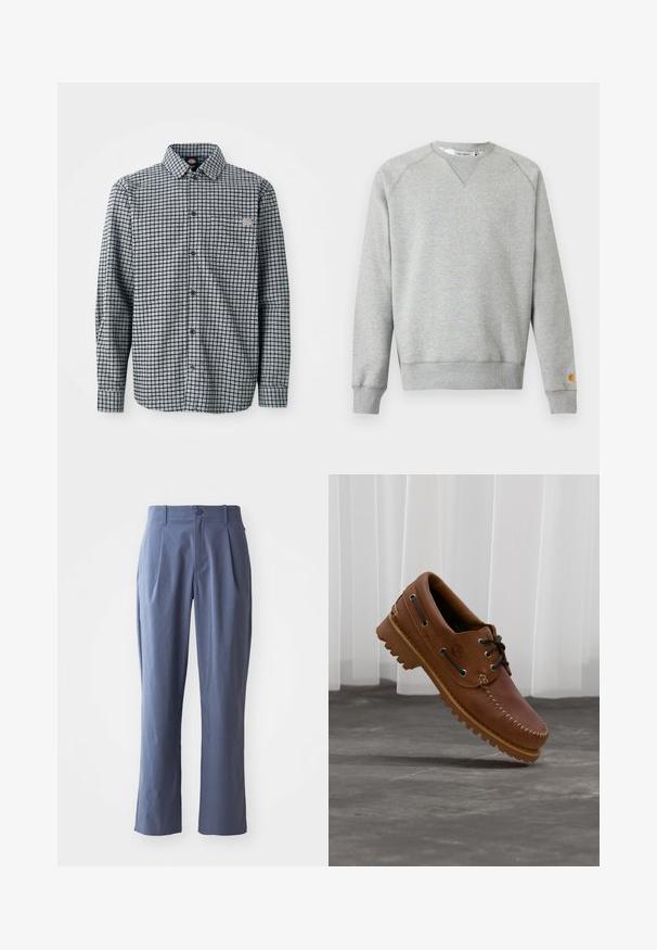 Sudadera gris claro con cuello redondo, mangas largas, puños y dobladillo acanalados, y pequeño parche con logo en el puño de la manga izquierda.; Camisa de cuadros en blanco y negro de manga larga con botones, cuello y un pequeño parche con logo en el bolsillo del pecho izquierdo.; Pantalones azul marino con pinzas, de corte recto, fabricados en tela ligera, con un cierre frontal de un solo botón y trabillas para el cinturón.; Zapato náutico de cuero marrón con cordones negros, costuras beige y una suela resistente, suspendido sobre un suelo de hormigón gris.