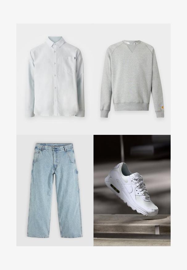 Lichtgrijze crewneck sweater met lange mouwen, geribde manchetten en zoom, en een klein logoplaatje op de linkermouwmanchet.; New Balance OXFORD - Overhemd - blue; Lichtblauwe rechte spijkerbroek met voorzakken, riemlussen, knoopsluiting en een zijdelus voor gereedschap.; Witte Nike Air Max 90 sneaker met een bovenwerk van mesh en leer, een geperforeerde teenbox en een zichtbare luchtunit in de hiel.