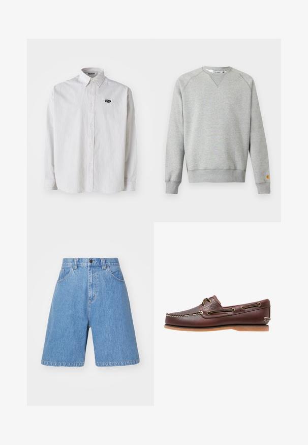 Sweat-shirt gris clair à col rond, manches longues, poignets et ourlet côtelés, avec une petite étiquette logo sur le poignet de la manche gauche.; Chemise blanche à manches longues avec de fines rayures verticales grises. Dotée d'un col boutonné et d'un petit logo noir sur la poitrine gauche.; Shorts en denim bleu clair avec une coupe décontractée, taille haute, design à cinq poches et décoloration subtile. Comprend une fermeture à bouton et des passants de ceinture.; Chaussure bateau en cuir marron avec coutures blanches, détails de lacets et semelle en caoutchouc beige, vue de côté sur fond blanc.