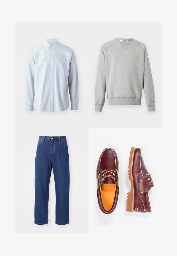 Sudadera gris claro con cuello redondo, mangas largas, puños y dobladillo acanalados, y pequeño parche con logo en el puño de la manga izquierda.; Camisa de manga larga azul claro fabricada en algodón. Presenta un collar con botones, botones frontales y un bolsillo en el pecho del lado izquierdo.; Vaqueros de tiro alto de algodón, con una silueta de pierna recta, costuras visibles y un cierre de botón en la parte delantera.; Zapatos de cuero burdeos con suelas de goma marrón, puntera redonda, costuras blancas y ojales dorados. El interior cuenta con un forro amarillo.
