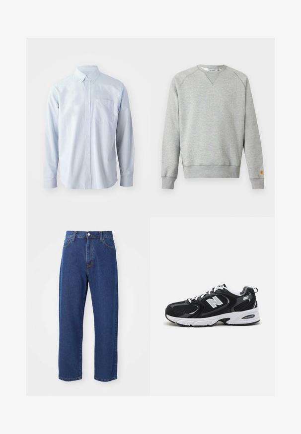 Lichtgrijze crewneck sweater met lange mouwen, geribde manchetten en zoom, en een klein logoplaatje op de linkermouwmanchet.; Lichtblauw overhemd met lange mouwen gemaakt van katoen. Voorzien van een button-down kraag, knopen aan de voorkant en een borstzak aan de linkerkant.; Hoge taille blauwe jeans van denim, met een rechte pijp silhouet, zichtbare stiksels en een sluiting met een voorknoop.; Zwarte en grijze sport schoenen met een bovenwerk van mesh en suede, voorzien van een witte tussenzool, veters en een gedurfde "N"-logo aan de zijkant.