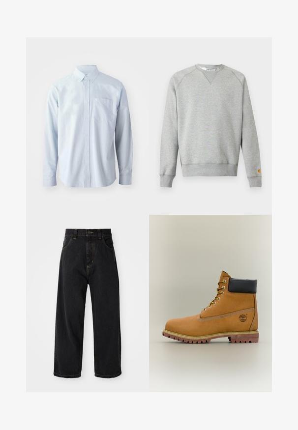 Lichtgrijze crewneck sweater met lange mouwen, geribde manchetten en zoom, en een klein logoplaatje op de linkermouwmanchet.; Lichtblauw overhemd met lange mouwen gemaakt van katoen. Voorzien van een button-down kraag, knopen aan de voorkant en een borstzak aan de linkerkant.; Zwarte wijde denim jeans met hoge taille, voorste knoop, rits en gele stiksels op de zakken en naden.; Bruine leren enkellaars met zwarte kraag, gele veters en een zandkleurige zool. Voorzien van een logo en witte stikseldetails. Robuuste loopzool met grip.