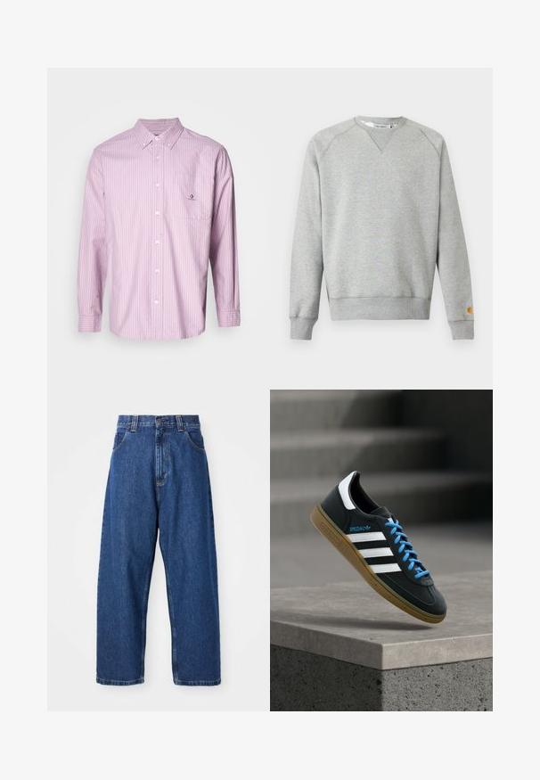 Helehall hall crewneck-tüüpne dressipluus pikkade varrukate ja soonikkoes mansettidega ning väike logoga tahvel vasaku varruka mansetil.; Kerge roosa pikkade varrukatega nööbiga särk, vertikaalsete valgete triipudega, puuvillane kangas, krae, eesmine tasku ja logo detail taskul.; Tumesinine laiad teksapüksid. Omavad kõrget vööd, vöösooniseid ja klassikalist viit tasku. Õmmeldud äär ja puhas viimistlus.; Must Adidas toss valgete triibu, siniste paelte ja kummist tallaga, hõljuv pehme valgusega halli betoonastme kohal.