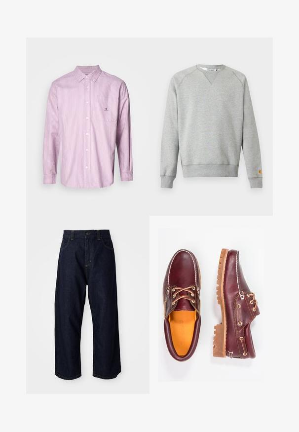 Sudadera gris claro con cuello redondo, mangas largas, puños y dobladillo acanalados, y pequeño parche con logo en el puño de la manga izquierda.; Camisa de botones de manga larga en rosa claro con rayas verticales blancas, tela de algodón, cuello, bolsillo frontal y detalle de logo en el bolsillo.; Pantalones de mezclilla azul oscuro con un corte relajado, que cuentan con una cremallera de botón, trabillas para cinturón y costuras y bolsillos con pespuntes amarillos.; Zapatos de cuero burdeos con suelas de goma marrón, puntera redonda, costuras blancas y ojales dorados. El interior cuenta con un forro amarillo.