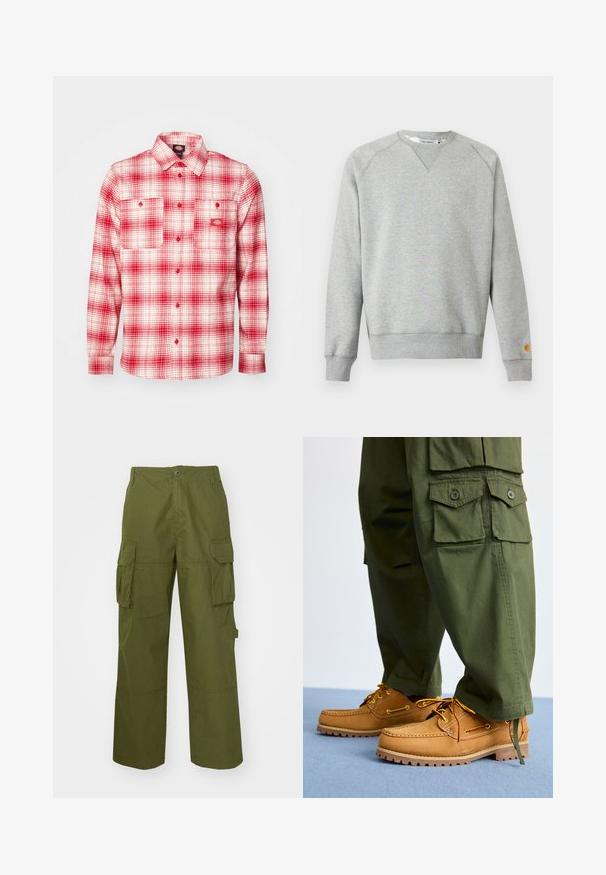 Sudadera gris claro con cuello redondo, mangas largas, puños y dobladillo acanalados, y pequeño parche con logo en el puño de la manga izquierda.; Camisa de franela a cuadros rojos y blancos con mangas largas, cierre de botones en la parte delantera, dos bolsillos en el pecho y una etiqueta en la parte izquierda. Textura suave.; Pantalones cargo color verde oliva hechos de un tejido duradero, que cuentan con dos bolsillos laterales, un corte relajado y un cierre de botón en la cintura.; Timberland AUTHENTIC 3 EYE - Náuticos - wheat