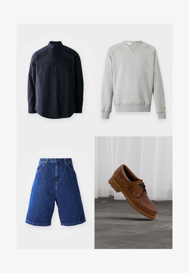 Sweat-shirt gris clair à col rond, manches longues, poignets et ourlet côtelés, avec une petite étiquette logo sur le poignet de la manche gauche.; Chemise boutonnée bleu marine foncé avec col pointu, manches longues et ourlet droit. Présente un logo subtil sur la poitrine et un tissu texturé.; Shorts en denim avec un lavage bleu, dotés d'une taille haute, de deux poches avant et de coutures jaunes le long des bords.; Chaussure de bateau en cuir marron avec des lacets noirs, des coutures beiges et une semelle robuste, suspendue au-dessus d'un sol en béton gris.