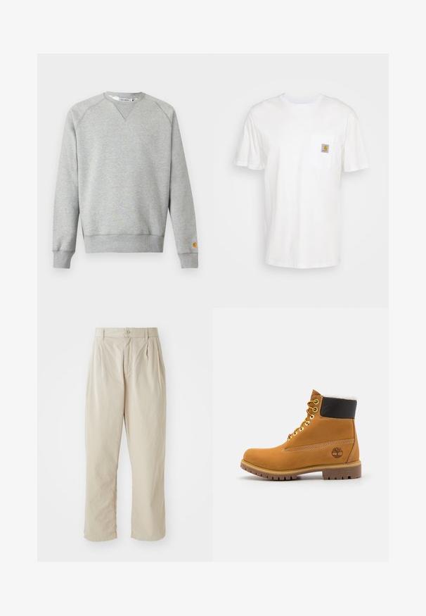 Sweat-shirt gris clair à col rond, manches longues, poignets et ourlet côtelés, avec une petite étiquette logo sur le poignet de la manche gauche.; T-shirt en coton blanc à manches courtes, avec une poche poitrine et un petit patch logo carré en orange et blanc sur la poche.; Pantalons beiges légers avec une coupe décontractée, plis rentrés à l'avant, fermeture à bouton et ourlets retroussés. Texture lisse, design minimal.; Bottine en cuir brun avec œillets en métal, doublure en fourrure blanche, col rembourré noir, semelle robuste et logo en relief sur le côté.