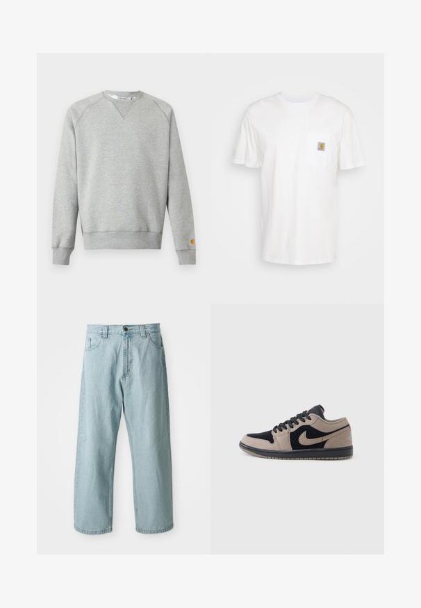 Hellgraues Sweatshirt mit Rundhalsausschnitt, langen Ärmeln, gerippten Bündchen und Saum sowie kleinem Logo-Patch am linken Ärmelbündchen.; Weißes Baumwoll-T-Shirt mit kurzen Ärmeln, einer Brusttasche und einem kleinen quadratischen Logopatch in Orange und Weiß auf der Tasche.; Helle blaue Jeans mit weitem Bein. Verfügt über fünf Taschen, einen vorderen Knopf- und Reißverschluss und eine leicht ausgebleichte Textur.; Niedriger Sneaker mit beigen und schwarzen Lederpaneelen, schwarzen Schnürsenkeln und einer Gummisohle, seitlich auf weißem Hintergrund dargestellt.